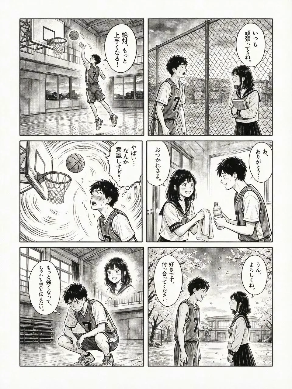 A six-panel black-and-white manga about a high school basketball player