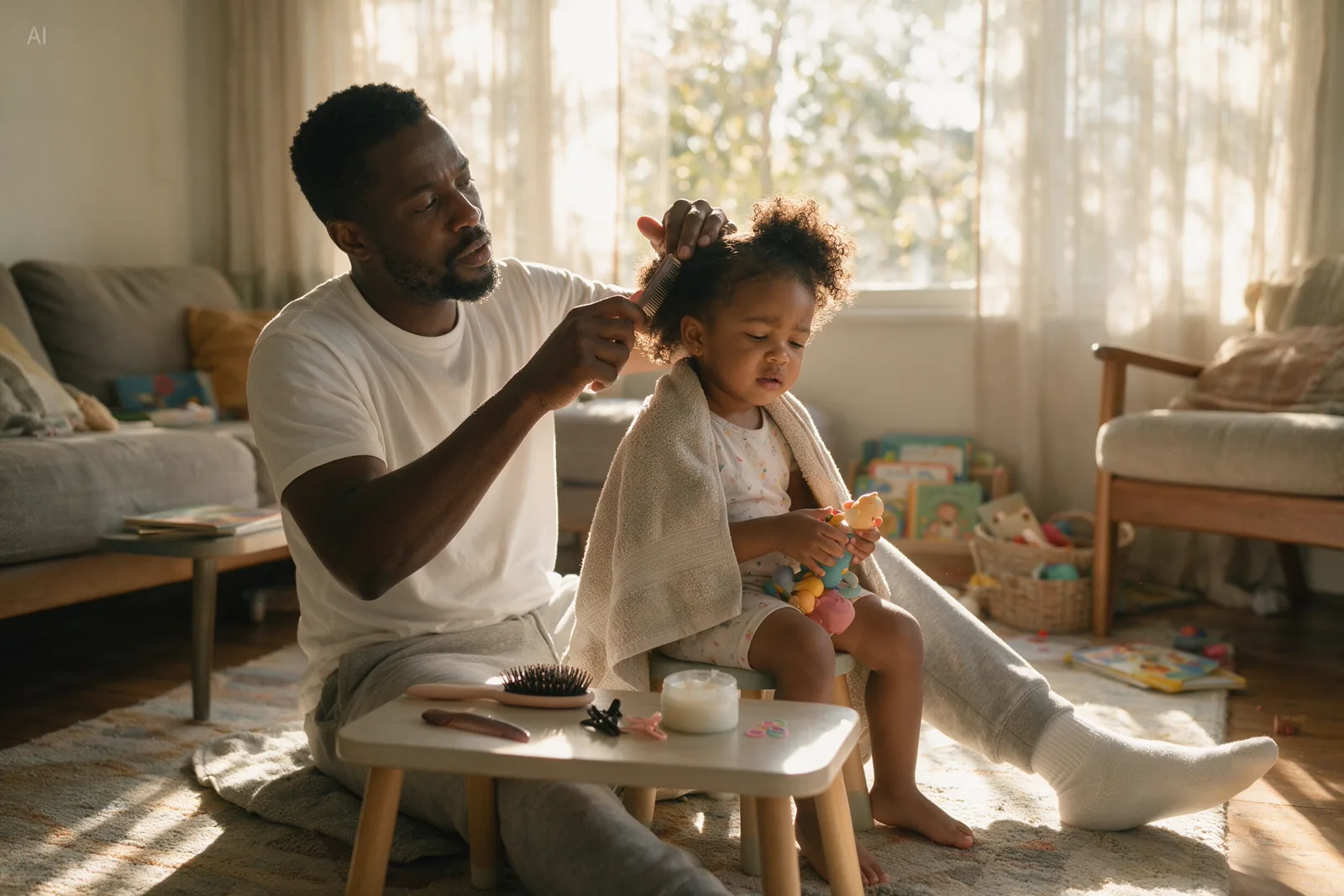 A father combing his young daughter’s hair in the living room