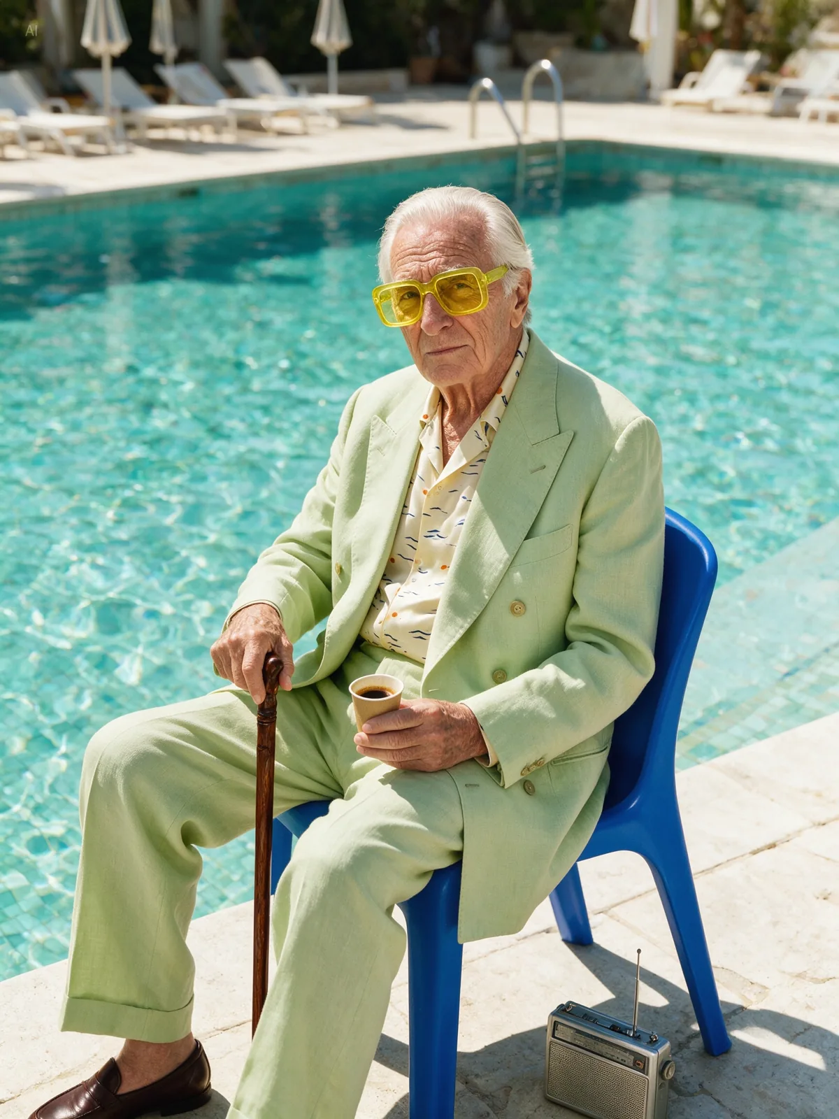 An elderly man in yellow sunglasses on a blue chair by a pool