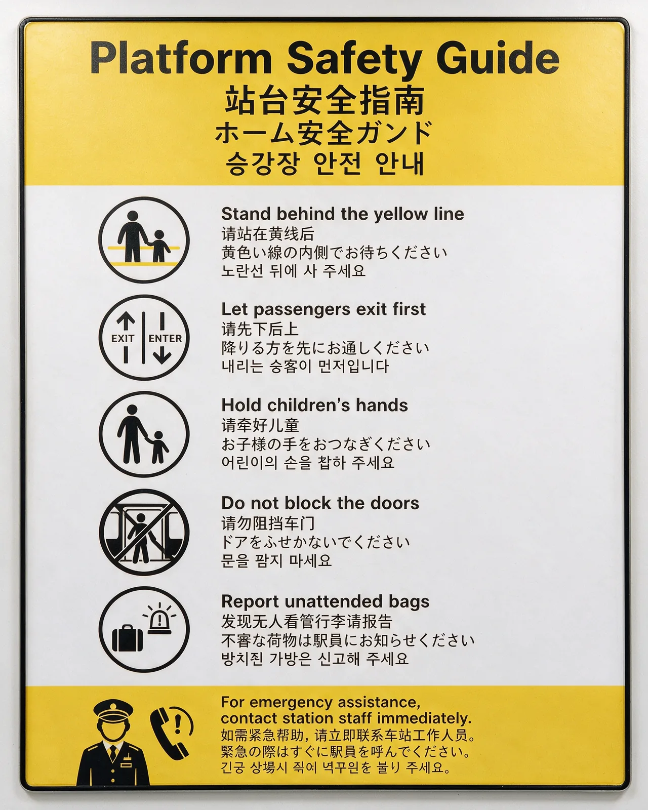 A subway safety poster with text in English, Chinese, Japanese and Korean