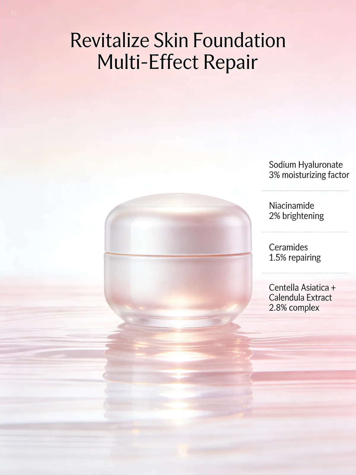 A pink-and-white foundation bottle ad with headline and ingredient copy