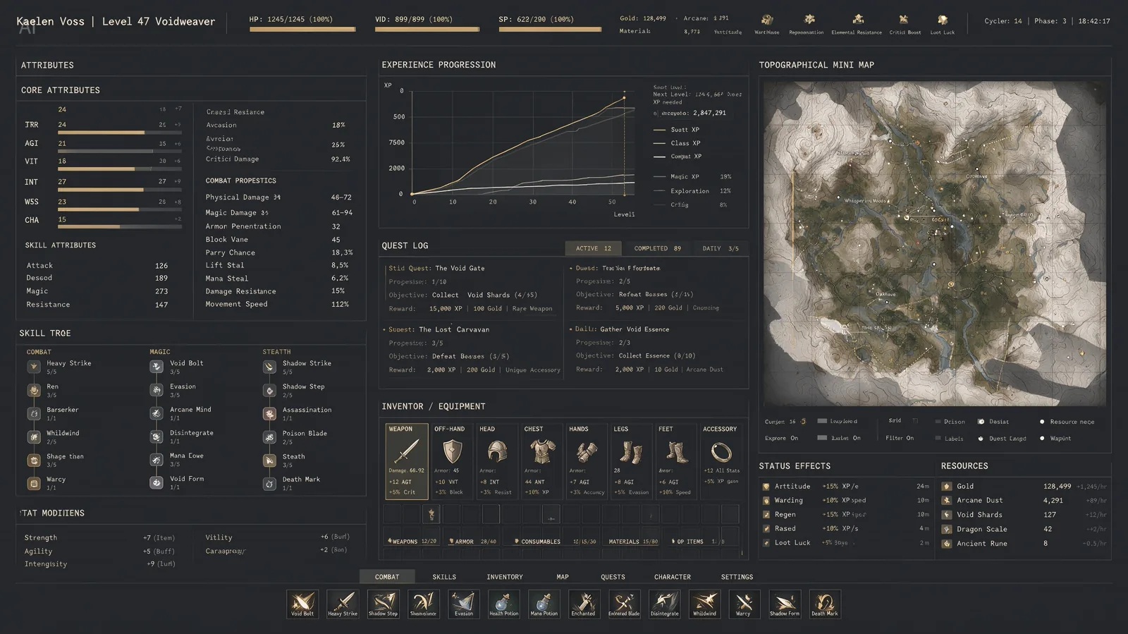 A dense RPG character interface with stats, graphs and a map